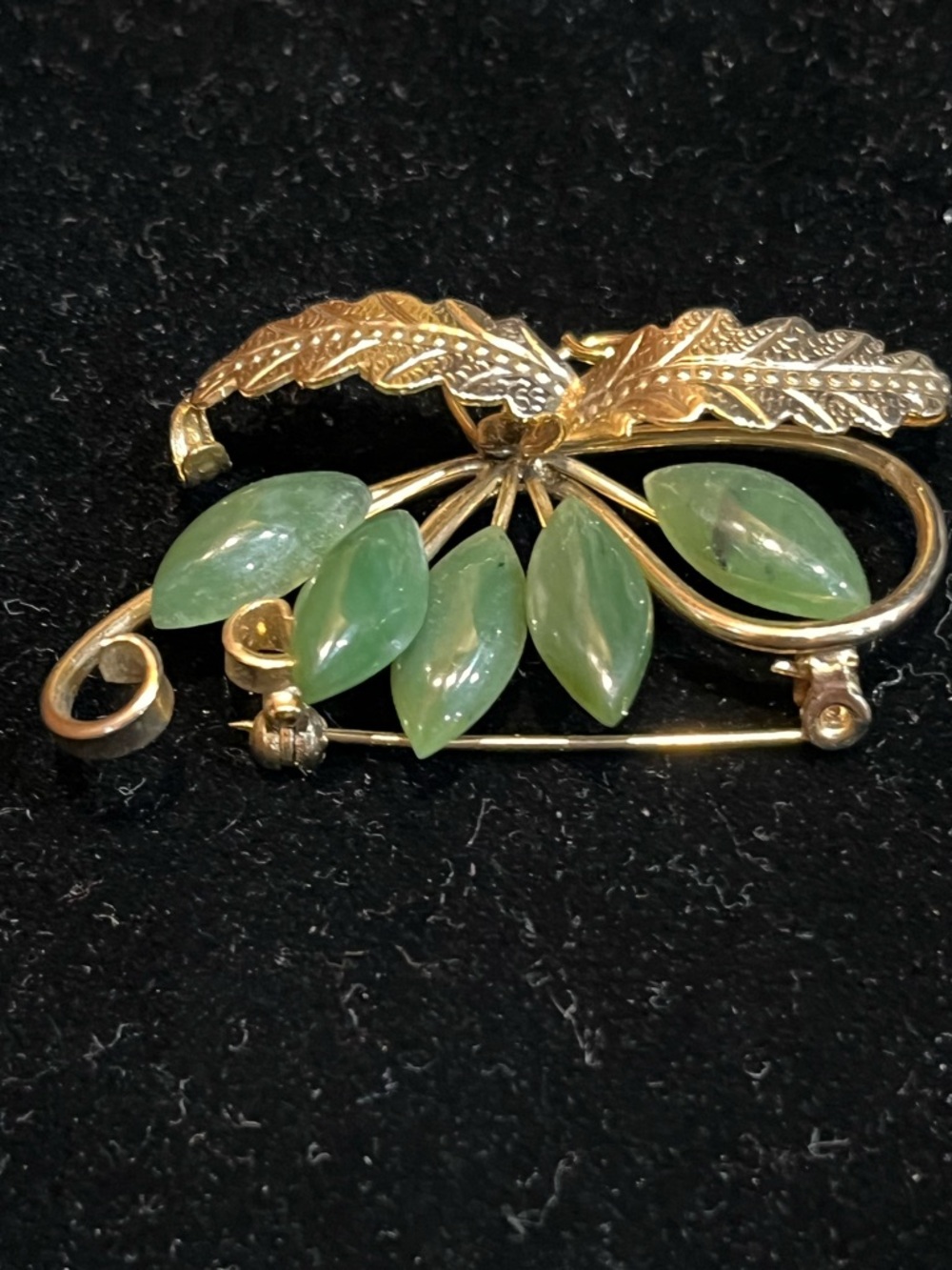 Mid-Century Green Jadeite Marquise Brooch - Textured Leaf Jewelry
